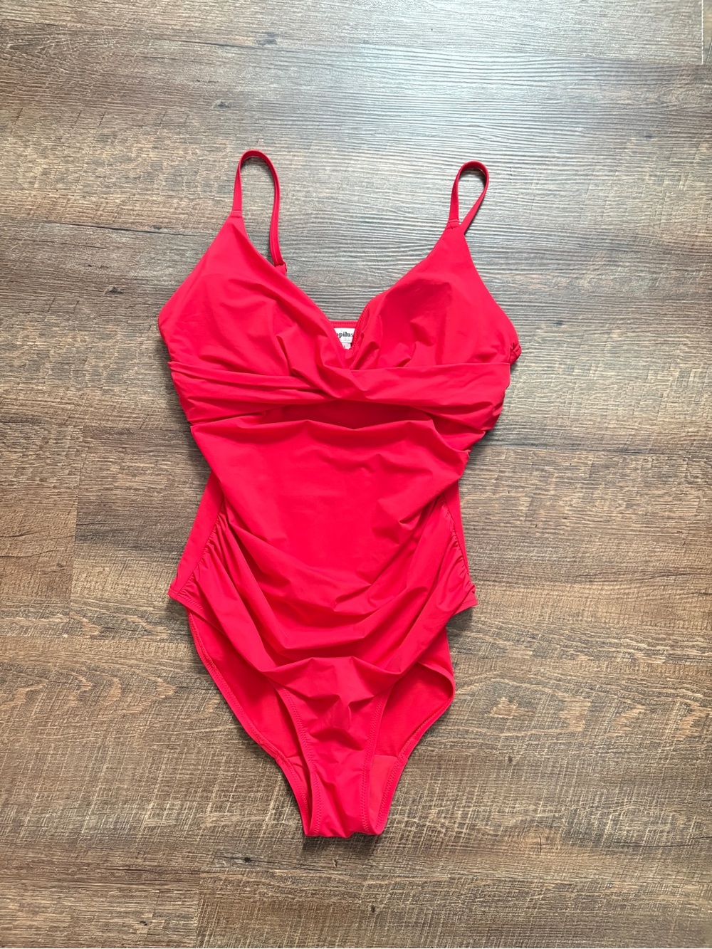 POPILUSH red one-piece swimsuit ruching tummy control shapewear resort sz L NWOT